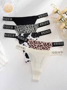 5pcs/Pack Comfortable & Skin-Friendly LOVE Diamond Decor Sexy Leopard Print Seamless Thong Panties For Women - Multicolor - View 2