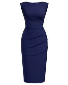 MIUSOL Ruched Zip Back Split Hem Business Slim Fitted Dress - Màu xanh hải quân - Xem 8