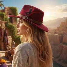 Women Men Western Cowgirl Hats With Feather Fashionable Wide Brim Fedora Caps For Outdoor Travel