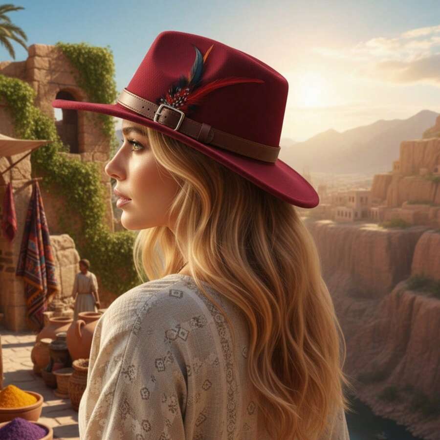 Women Men Western Cowgirl Hats With Feather Fashionable Wide Brim Fedora Caps For Outdoor Travel