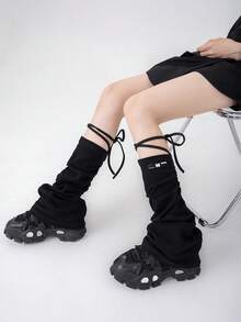 polve 1 Pair Solid Color Non-Woven Fabric Lace-Up Leg Warmers, Y2K Japanese Style, Slim Fit, Available In Dark Gray, White, Light Gray, Khaki, Black, Drawstring Binding Design, Flared Leg Warmers