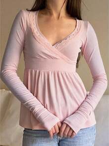 Women Long Sleeve Lace Trim Shirt Cute Wrap V Neck Slim Fit Solid Color Babydoll Top Y2k Fairy Grunge Top Streetwear - 粉色 - 查看 1