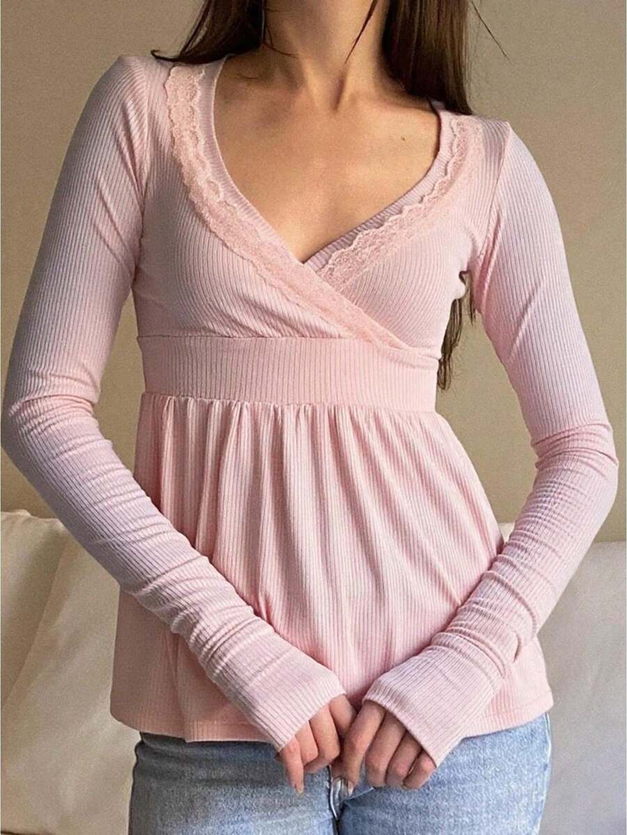 Women Long Sleeve Lace Trim Shirt Cute Wrap V Neck Slim Fit Solid Color Babydoll Top Y2k Fairy Grunge Top Streetwear - 粉色 - 查看 1
