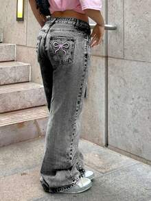 Quần jean denim thêu hình bướm, kiểu dáng cổ điển, thường ngày dành cho nữ tuổi teen. - Xám - Xem 3