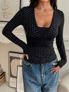 Women's Casual Polka Dot Pattern Ruched Fitted Blouse, Spring/Summer - Black - View 1