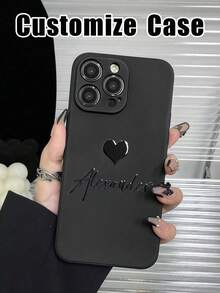 1pc Customized Name Phone Case, Personalized Name Design Phone Cover, Customized Name Cover, Heart Phone Case, Anniversary Gift, Valentine's Day Gift, Gift, Birthday Gift, Wedding Gift, Mother's Day Gift, Father's Day Gift, Best Friend Gift, Gift For Mom/Dad, Gift For Boyfriend, Gift For Girlfriend - Black - View 4