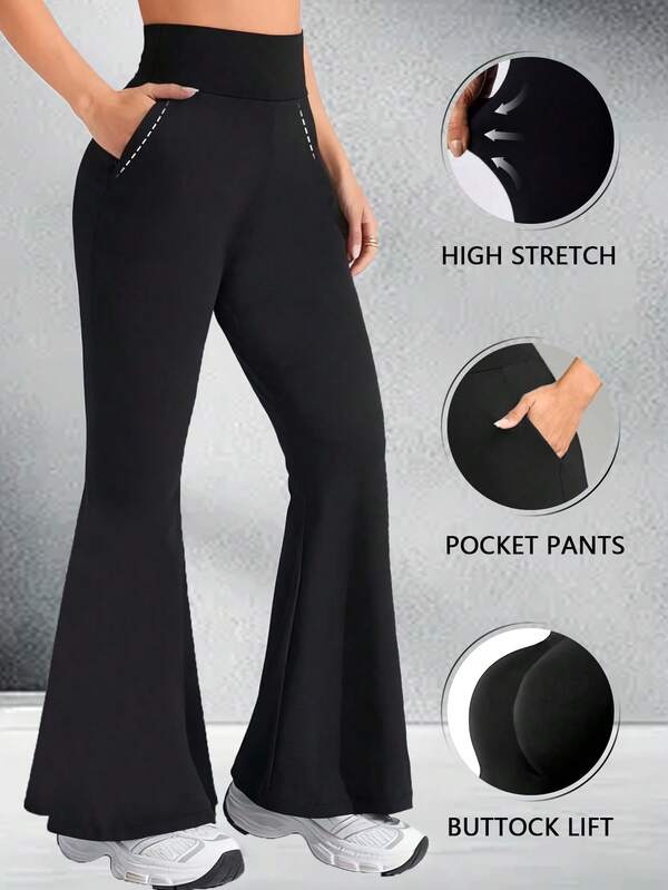 New Women's Pocket Flare Pants, Women's Casual Loose Wide Leg Pants, Solid Color High Waist Tight Yoga Leggings, Slim Fit Stretchy 7/8 Skinny Pants, Lightweight Fabric, Lifting Waist Slimming Full Length Trousers For Women