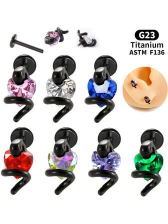 1pc F136 Titanium Alloy Snake Lip Stud, Heart Zirconia Flat Bottom Internally Threaded Lip Piercing Jewelry