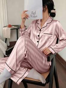 2PCS Teen Girl Satin Pajama Sets Pj Set Cute Bear Print Long Sleeve Button Down Shirt With Long Pants