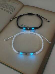 ATLVXJL 2件套发光情侣/友谊阴阳心形不锈钢吊坠可调节绳手链套装，适合日常佩戴和节日礼物 - 彩色 - 查看 3