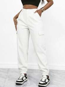 1 buc. Pantaloni utilitari din material tricotat, culoare solidă, alb, cu nasturi și buzunar, pentru purtare zilnică, potriviți pentru toate anotimpurile, de Ziua Îndrăgostiților - alb - Vizualizare 3