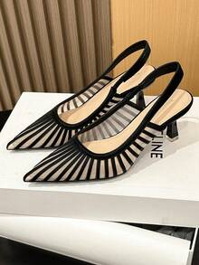 Xin Jing Shoes 新款优雅女士高跟鞋，休闲性感时尚网面露后跟通勤约会中跟鞋，猫跟鞋 - 黑色 - 查看 9