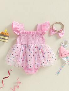 Baby Girl 1st Birthday Clothes One Year Old Tulle Romper Flying Sleeve Bodysuit Cake Smash Outfits - 粉色 - 查看 5