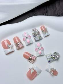 10pcs Y2K Handmade Duckbill Nude & White French Press On Nails, French Tip, Metal Diamond Bow, 3D Pinching Flower, Full Diamond Coverage, Nail Supplies, Homemade Nails, DIY Press On Nails, Nail Art, Acrylic False Nails; Suitable For Party, Daily Wear, Wedding; Great Gift For Women & Girls; Includes 1Sheet Jelly Glue & 1pc Mini File - White - View 3