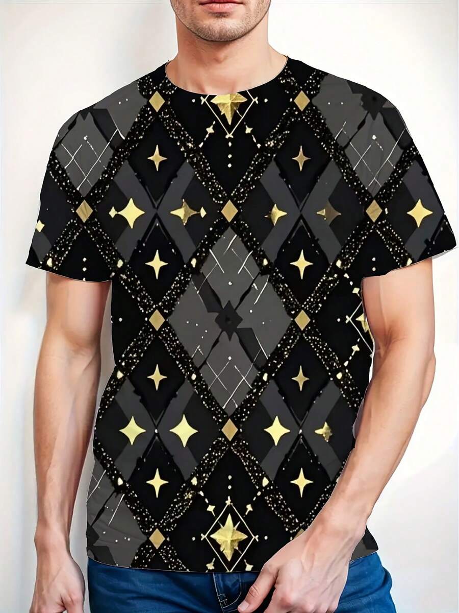 2025 Summer Men's 3D Digital Printed T-Shirt, Strong Men's Casual Round-Neck T-Shirt, Men's Novel Pajamas, Men's Large-Sized T-Shirt, Colorful Pattern Printed T-Shirt, Fashionable Casual Short-Sleeved T-Shirt, A Must-Have For Tall Men In Summer, PLUS SIZE, Plus Size Tshirts For Men, Mens Plus Size T Shirts, Plus Size Mens T Shirt, Casual Outfit, Summer Wear,  Fashion, Bohemian Style, Soft Texture, Durable Stitching, Printed Shirt, Short Sleeve Tee, Big And Tall, - 混合色 - 查看 1