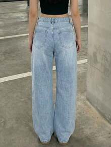 Women Vintage Loose Straight Leg Baggy Stacked Jeans - Light Wash - View 5