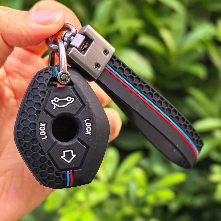 Honeycomb Pattern Key Case With Keychain For BMW E46/E60/X5/E53/E63/E39/E38/X3/F83/Z3/Z4/M5 3.5/7 Series 330I 325I Key Protection Case - Silicone Car Key Holder With Locking Mechanism, Scratch-Resistant & Anti-Theft, Auto Key Cover - Black With Keychain - View 1