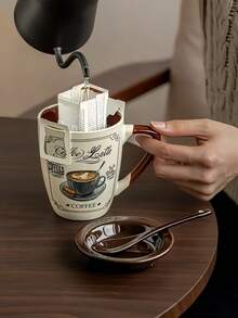 1个带盖勺子的陶瓷咖啡杯，适用于拿铁、摩卡、卡布奇诺等咖啡，复古美式咖啡拿铁杯，法式复古早餐牛奶燕麦杯，适用于餐厅、客厅、咖啡馆等场所。 - 彩色 - 查看 8