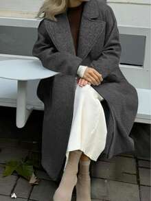 Plus Size Women's Elegant Solid Color Long Sleeve Pocket Woolen Trench Coat, Double-Breasted Wool Overcoat, Christmas Women's Clothing, Elegant Women's Blouses