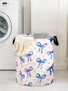 1pc Foldable Round Storage Basket With Handles, Large Capacity, Bow Print Design, Multi-Purpose For Bathroom, Bedroom, Laundry, Toys, Clothing Storage - Multicolor - View 17