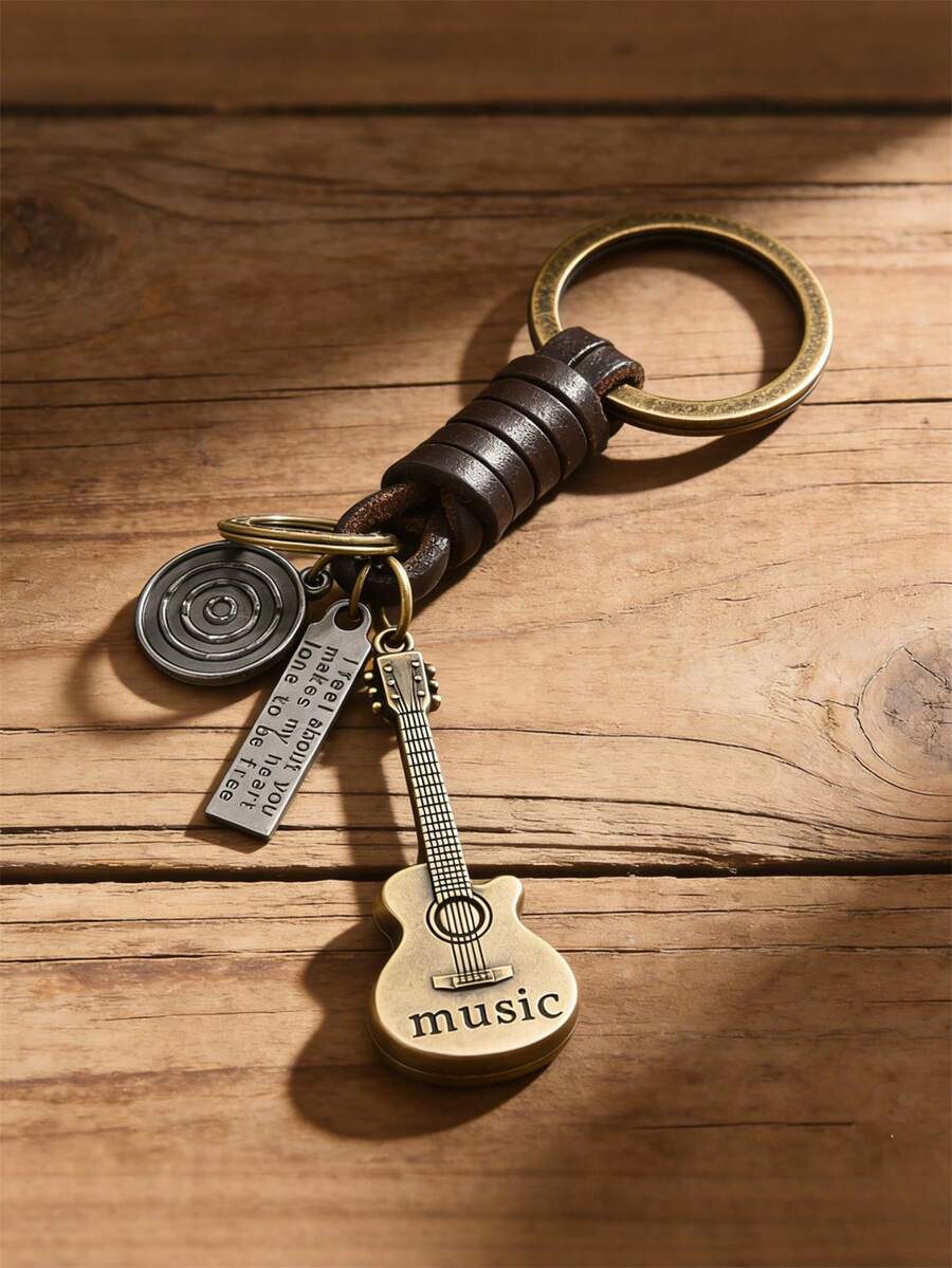 1pc Stylish Retro Guitar-Shaped Leather Keychain, Woven Leather Keychain For Men And Women, Backpack Charm, Souvenir Gift, New Year's Gift. - Bronze - View 1