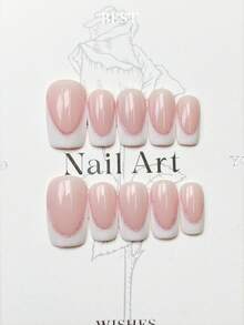 10片手工方形亚克力美甲贴片，中号，极简粉色美甲，V形白色法式美甲，闪粉镶边，前卫优雅简约春季美甲，夏季美甲贴片，冬季假指甲，节日美甲，圣诞节美甲，派对日常及约会适用，海滩热带度假风，DIY美甲，适合女性和女孩作为礼物，美甲用品，手工美甲贴片 - 彩色 - 查看 10