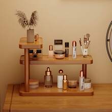 1pc Brown Desktop Storage Rack, Multi-Layer Wooden Desktop Organizer With Cup Holder - Modern Light Brown Freestanding Tabletop Storage Rack, No Assembly Required, Space-Saving For Bathroom, Kitchen, Bedroom Vanity - Wooden Cosmetic And Toiletry Storage Shelf