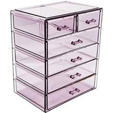Acrylic Makeup Organizer - Organization and Storage Case for Cosmetics Make Up and Jewelry - Big Clear Makeup Organizer for Vanity Batoom College Dorm Closet Desk 4 Large 2 Small Drawers - Morado - Ver 5