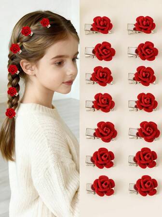 14pcs/Set Cute Minimalist Floral Hair Clips, Fashionable Rose Flower Elegant Design, Suitable For Teens & Girls, Party & Daily Wear - Great Gift For Birthday & Holidays (OPP Bag)