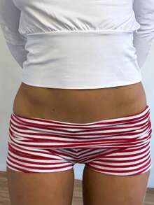 Womens Fold Over Yoga Shorts Dot/Stripe Low Rise Elastic Waist Y2k Lounge Shorts Foldover Cute Skinny Pajama Micro Bottoms Mini Shorts Sleepwear - 紅色 - 查看 1