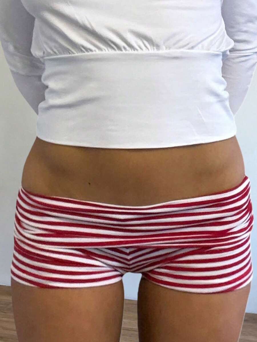 Womens Fold Over Yoga Shorts Dot/Stripe Low Rise Elastic Waist Y2k Lounge Shorts Foldover Cute Skinny Pajama Micro Bottoms Mini Shorts Sleepwear - 紅色 - 查看 1