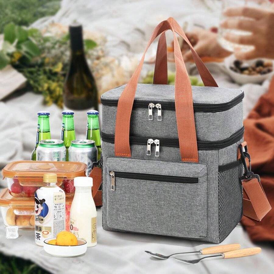 Cooler Bag, Picnic Bag, Insulated Bag, Lunch Bag For On The Go, Double-Decker Thermal Bag For Men And Women, Foldable Insulated Lunch Bag, Portable Lunch Box, Reusable Lunch Box For Men And Women With Shoulder Strap, Lunch Bag With Powerful Cooling Performance. Waterproof, Foldable Cooler Bag For School/Work/Outdoors - 灰色 - 查看 1