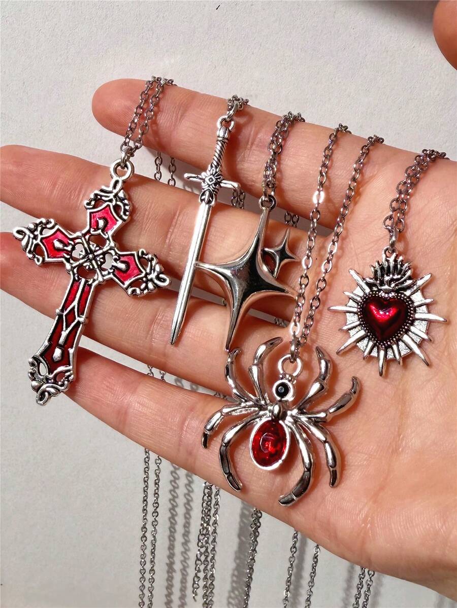 Bộ dây chuyền phong cách Y2K Retro Gothic Punk Rock với mặt dây chuyền hình trái tim đỏ đính đá quý, hoa hồng, thánh giá, hình nhện và kiếm, mặt dây chuyền bằng thép không gỉ, có thể đeo chồng lên nhau, trang sức unisex.