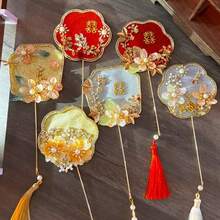 1PC Round Polygon Fan Type Bride Bouquet Flower Chinese Style Crystal Pearls Bridal Mini Fan Xiuhe Accessories - Multicolor - View 2