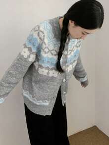 Women's Casual Vacation Style Floral & Geometric Pattern Raglan Sleeve Button-Up Cardigan