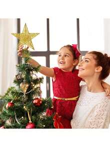1pc Christmas Tree Toppers Xmas Glitter Gold Hollow Star Treetop Topper For Christmas Tree Decoration,Star Treetop