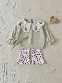 2pcs/Set Toddler Girls' Cherry Embroidery Peter Pan Collar Green Sweatshirt And Pants Set, Spring/Autumn - Mint Green - View 7