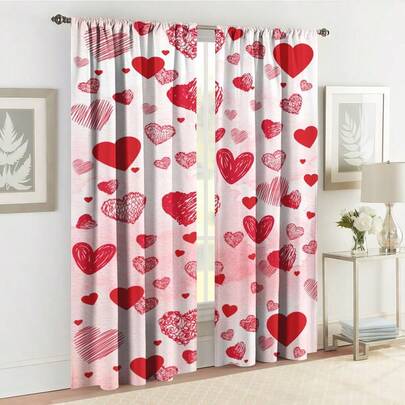 2 pièces Rideaux en forme de cœur pour la Saint-Valentin, en velours pêche polyester, avec design à passants, rideaux décoratifs pour la chambre à coucher, le salon, le bureau et la décoration de la maison, résistants à la décoloration, lavables en machine