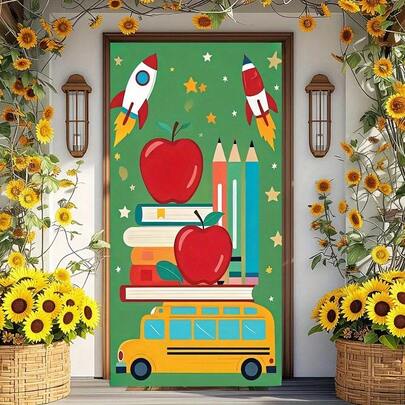 2D平面门牌，单件装，趣味校园主题，火箭、苹果和铅笔图案 - 鲜艳涤纶材质，适用于教室装饰、毕业典礼或返校庆祝活动，返校装饰 | 创意空间装饰，可爱学习用品