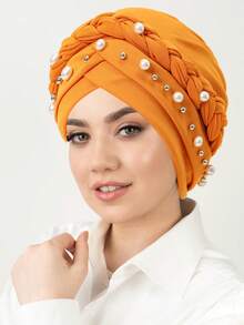1pc New Milk Silk Solid Color Single Braid Cap With White Pearl, Muslim Turban Hat, Versatile For Daily Wear For Abayas Muslim Women - Multicolor - View 19