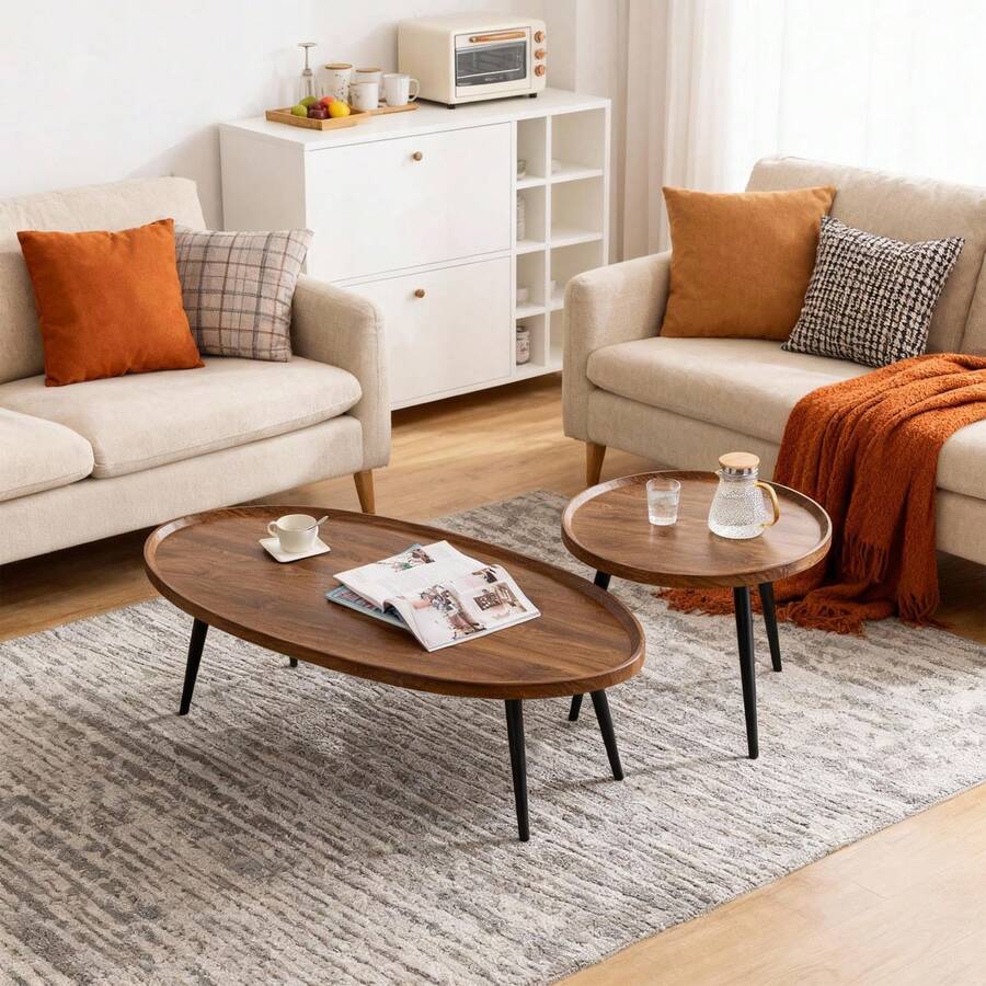 Techigher 2 PCS Small Coffee Table Set, Nesting Coffee Table Set Of 2, Wood Center Table, Mid Century Modern Coffee Tables For Living Room, Small Spaces - Light Walnut Color - View 1