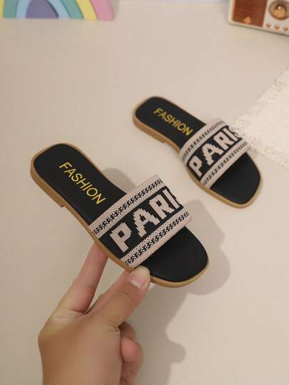 1 Pair Kids Retro Knitted Letter Sandals, Boys/Girls Soft Bottom Non-Slip Slippers, Plus Size Casual Outdoor Children Fashion Slides