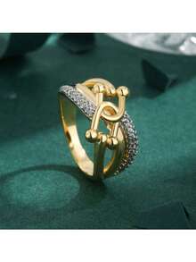 1 件高品质欧美方晶锆石镀铜 18K 金双层星空马蹄十字架不锈钢戒指，女士礼物和日常佩戴 - 金黃色 - 查看 8