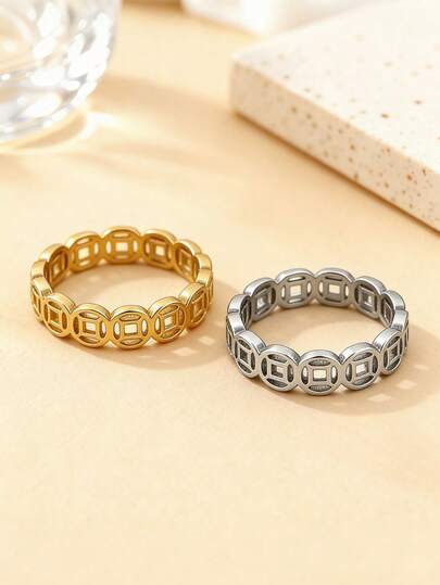 2 件/套 空心幸运铜币戒指，招财戒指，金钱戒指，几何形状，简约风格，4mm 圆弧抛光戒指，情侣不锈钢精致光滑戒指，女士配饰，西式女士珠宝，颜色包括金色、银色、玫瑰金，男女皆宜，适合日常佩戴，可搭配使用，用途广泛。