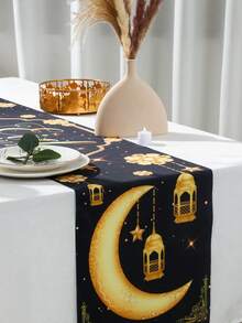 1 pieza Camino de mesa negro y dorado Eid Mubarak, Mantel de poliéster de 180*35cm, Decoración Eid Mubarak con patrón de media luna dorada y farol, Suministros para fiestas de Eid, Decoraciones de Eid, Decoración para reuniones islámicas de Ramadán, Decoración de Eid Al-Fitr, Decoración del hogar de Ramadán, Decoración de la mesa de comedor de Eid, Decoración de cocina, Regalo de Ramadán - Multicolor - Ver 6