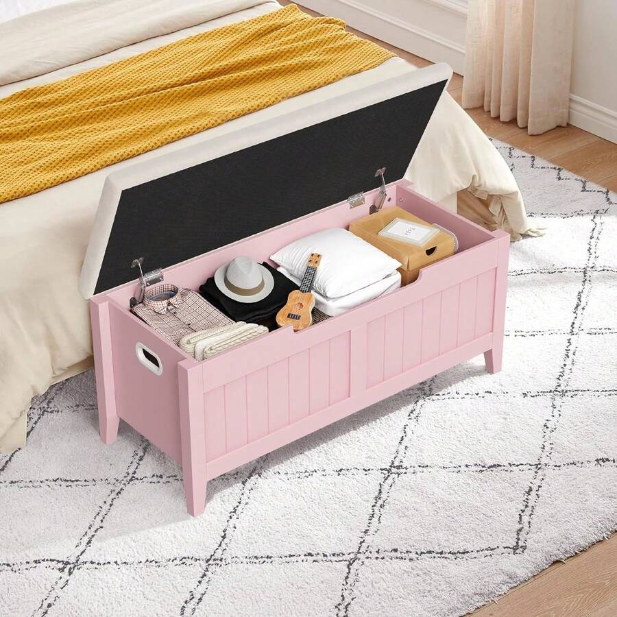 Banco de almacenamiento con cojín, caja de almacenamiento de madera de 39,4" con 2 bisagras de , bancos de zapatos de entrada con Flip-Top, maletero grande para sala de estar, dormitorio, fácil montaje - Rosa - Ver 1
