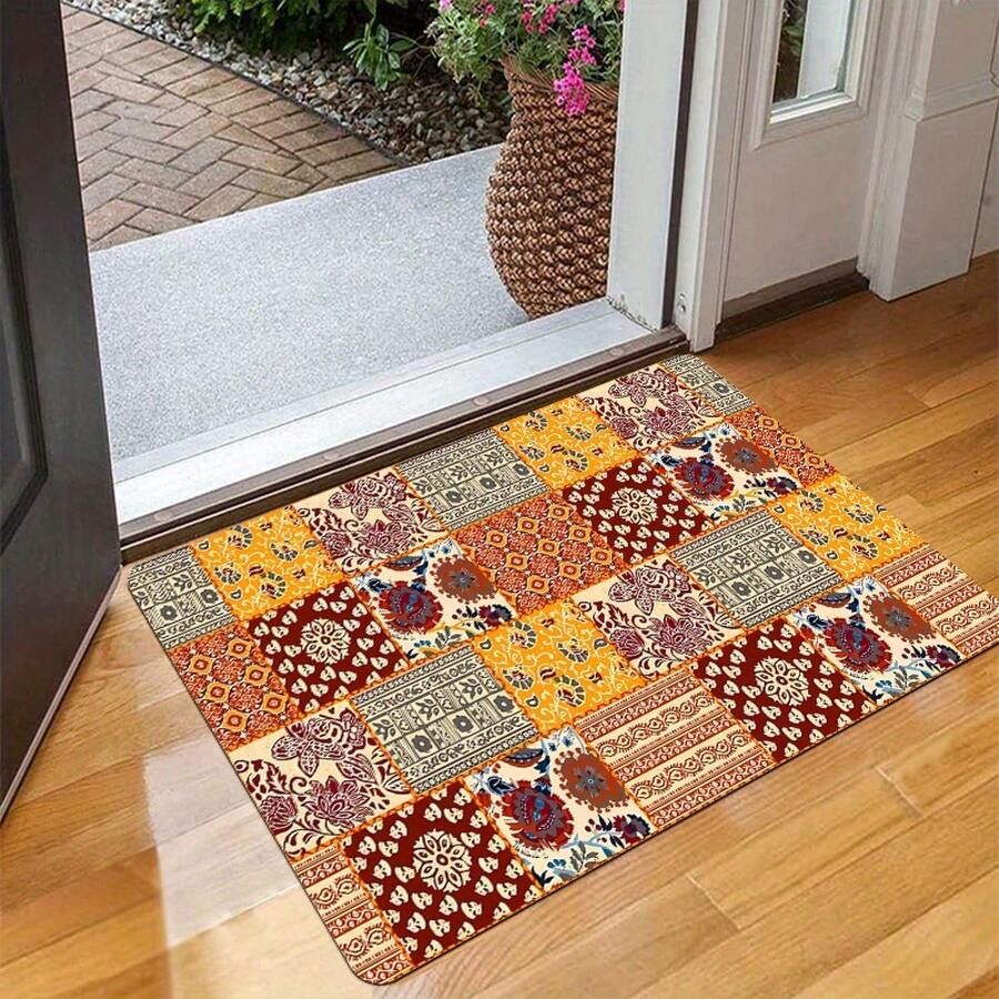 1pc  Floral Welcome Mat - Non-Slip, Durable Polyester Floor Mat With Vibrant Geometric & Floral Patterns In Orange, Brown, Beige, And Blue - Perfect For Indoor/Outdoor Entryways, Kitchens, And Doors, Indoor Outdoor Mat |   Vibrant Welcome Mat |   Durable Polyester - màu đen - Xem 1