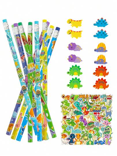 37/74pcs Dinosaur Theme Party Favor Set, Cute & Fun Dinosaur Pencils, Erasers And Stickers Set, Suitable As Classroom Rewards, Birthday Gifts, School/Office Supplies, Party Favors, Perfect Birthday Gifts For Friends And Family