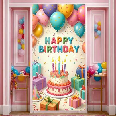 1pc Sweet Birthday Party Backdrop Banner , With Balloons, Cakes, Ribbons, Gift Designs, Suitable For Party Decoration, Photography Studio Shooting Props, Courtyard, Garden Decoration, Wedding, Bridal Shower, Anniversary