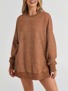 CILKOO Women's Casual Loose Fit Drop Shoulder Long Sleeve Sweatshirt, Autumn - Brown - View 4